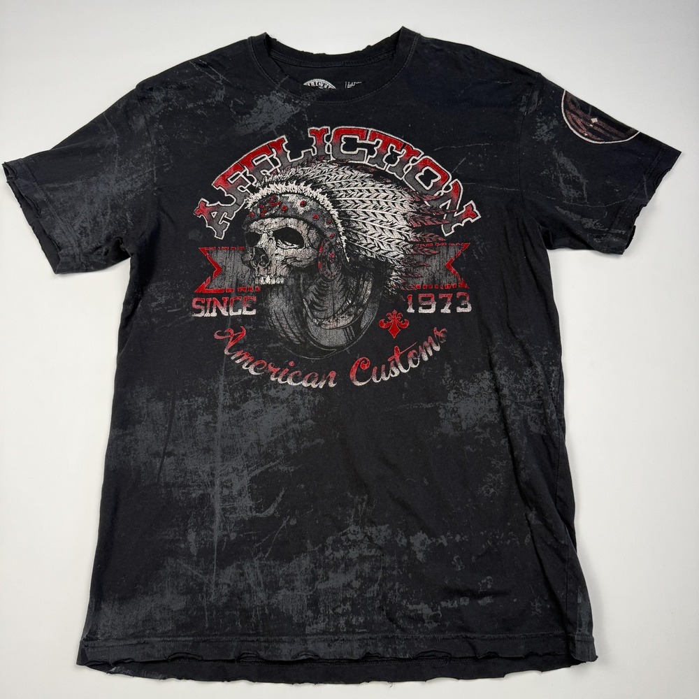 Affliction Shirt Mens Large Black American Customs Skull Graphic Tee Made USA
